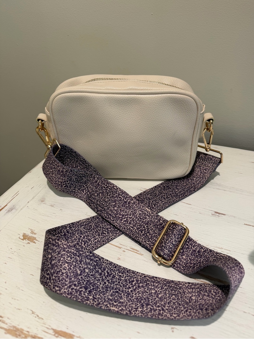 Cream Leather Crossbody Camera Bag with Detachable Printed Strap